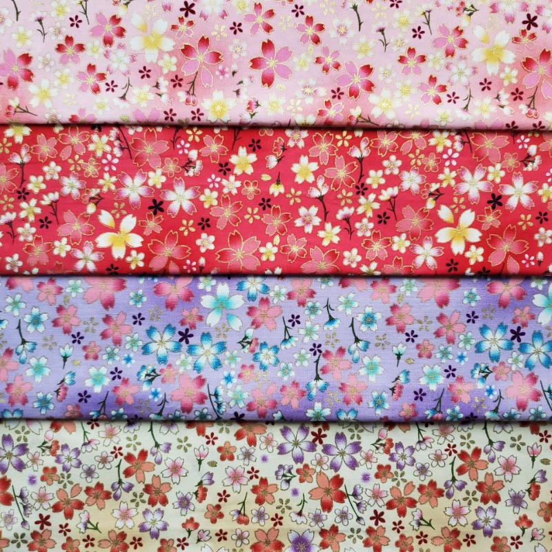 Home Fashion Textiles - ผ้าฝ้ายทองฟอยล์พิมพ์ผ้าสไตล์ญี่ปุ่น Cherry Blossom ดอกไม้ DIY Craft